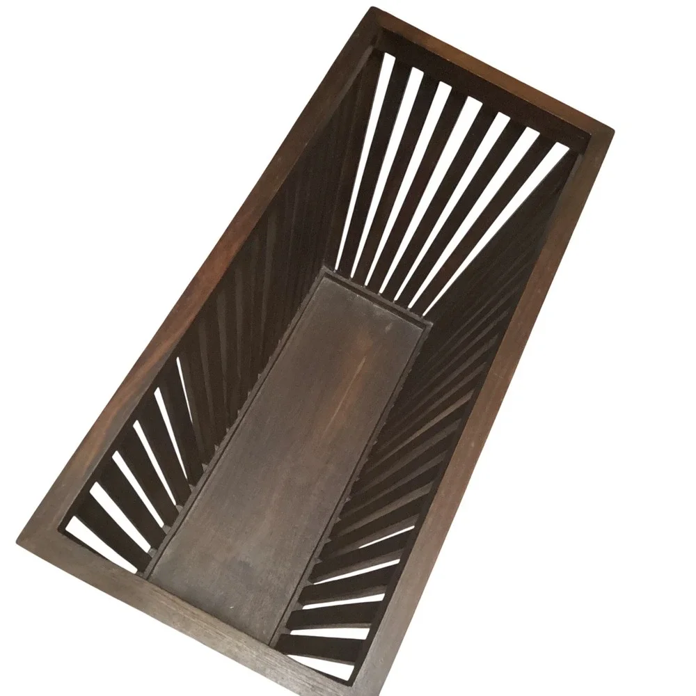 Mid Century Modern Slatted Wood Magazine Holder Floor Rack Dark Brown Heavy